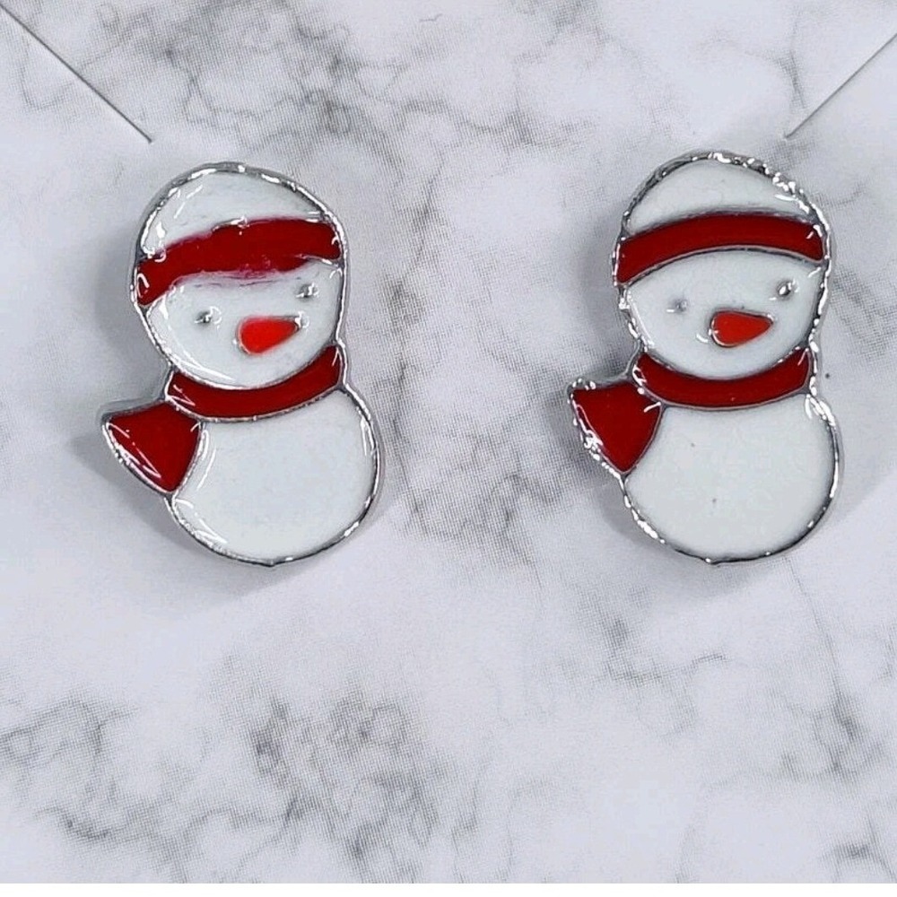 Snowman Stud Earrings Silver Tone Red and White Enamel Holiday Jewelry Christmas